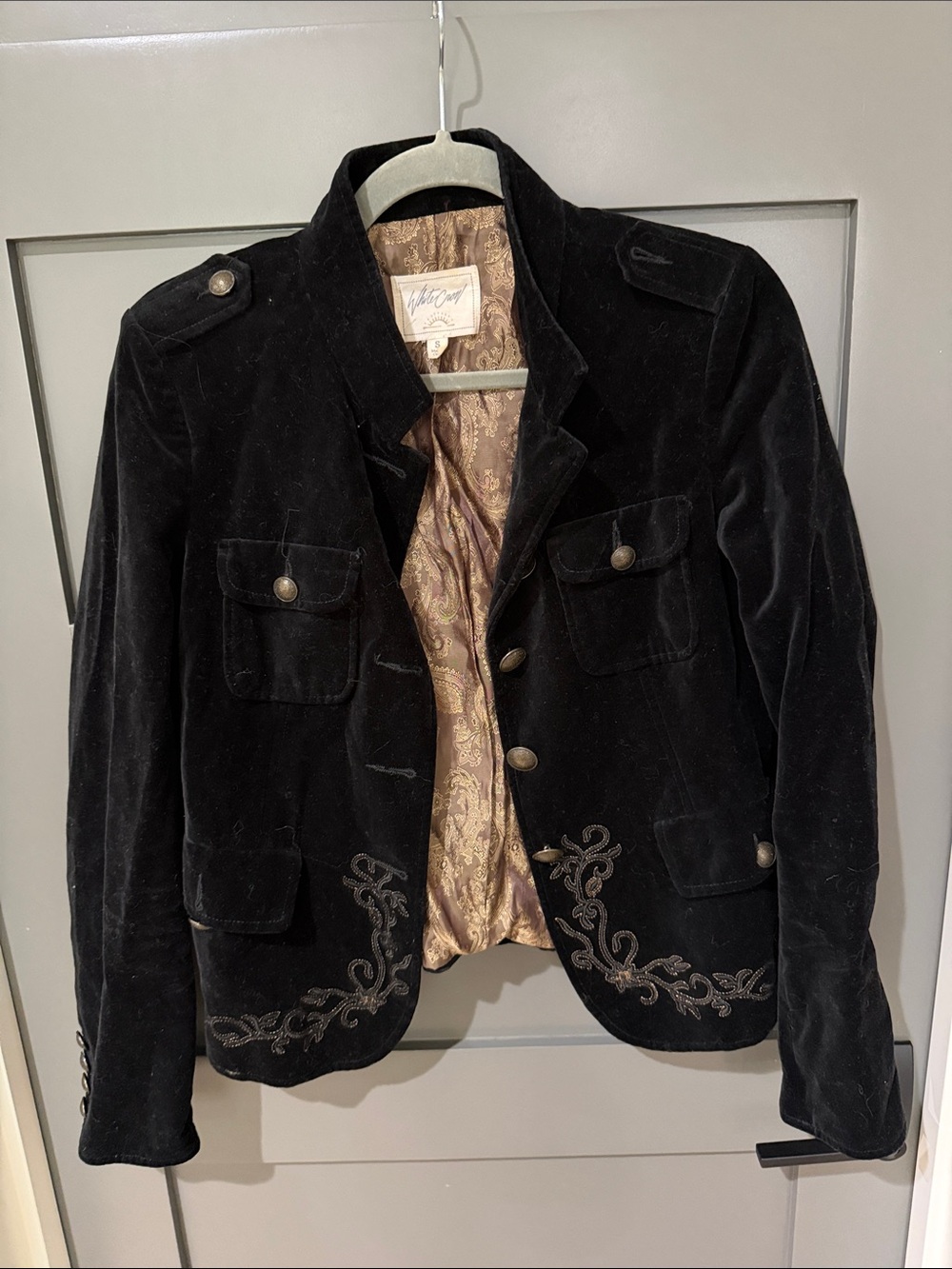 White Crow Velvet Embroidered Military-Style Jacket - Black